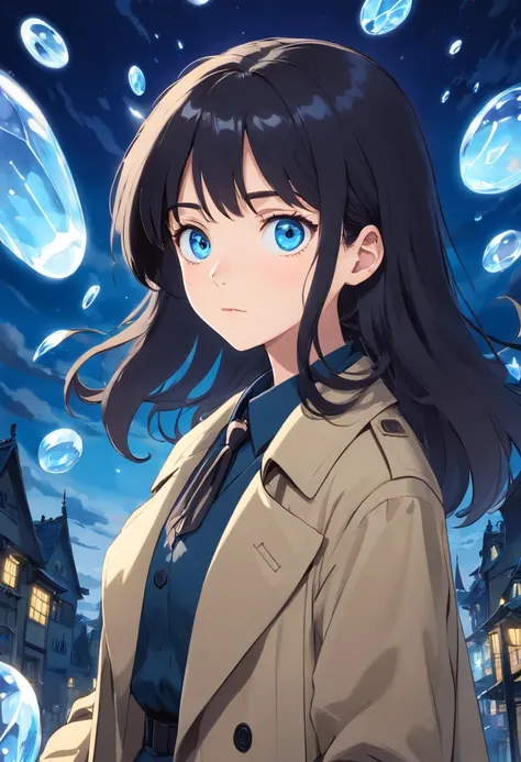 (best quality, masterpiece),(1girl, trench coat,expression face, blue eyes, looking at viewer, black hair, closed mouth, dress shirt, black skirt, hand at viewer), (less blue light, swrling many blue glass pieces behind, floating objects, night sky)