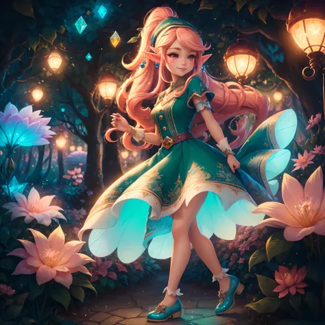 (Best quality, High-res, Ultra-detailed, Extremely detailed:1.2), 4K, 8K, Girl, Long hair, Beautiful, gentle, Lively, Crystal shoes, dress, pony tails, Vibrant atmosphere, ears of elf, Playful expression, Fantastic core, illustratio (illustration), Vivid c...