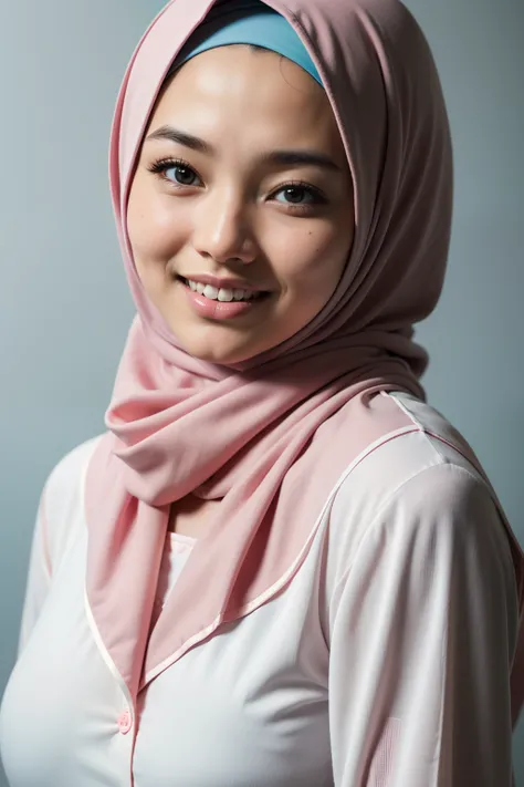 Malay girl in hijab wearing pastel color pajamas portrait photography, mid shot photo, ultra detail, professional photograph with professional lighting, smile, light blue studio background,