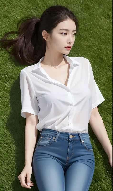 Ultra-high quality photos，A high resolution，16k，1 very beautiful female high school student，Wear a white button-down sheer shirt and low-rise jeans（Ultra-detailed clothing:1.5），Play with the ball on the grass of the football field，（On the grass:1.02），Super...