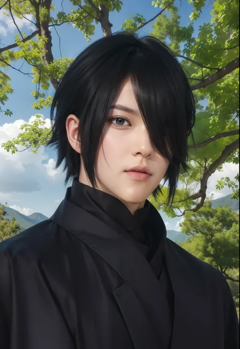 real Life adaption of this character,his name is Sasuke uchiha from anime naruto ,hyper realistic,detail realistic hairstyle ,(1 eye covered by hair), high resolution, photorealistic,very detailed,realistic outfit Black robe ,((korean teen handsome)) ,deta...