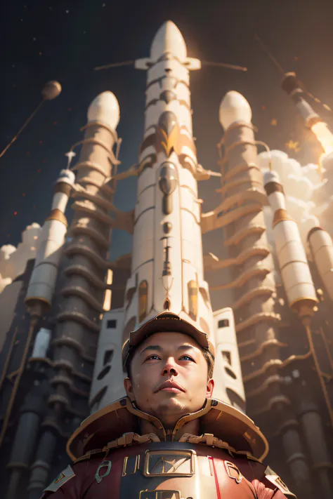 close-up photography (elonmusk holding the rocket), at the office, intricate and surreal details, (vague:1.1), view from below