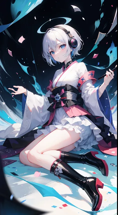 short-hair、gotik、Japanese Lolita、Hold the sword、Confetti、head phone、hotpants、Blue Flame、A picture that can be seen in its entirety　Black boots　Front-facing composition