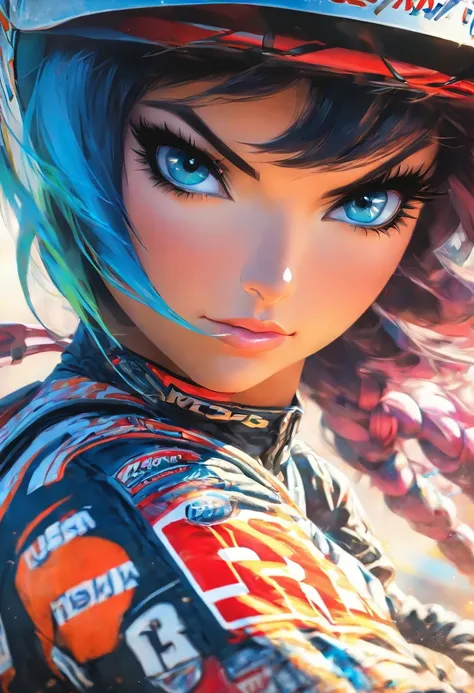 The most beautiful and sexy nascar girl, black hair, blue eyes, wearing highly detailed nascar gear, tattoos and piercings, nascar race track, perfect masterpiece, high quality, high resolution