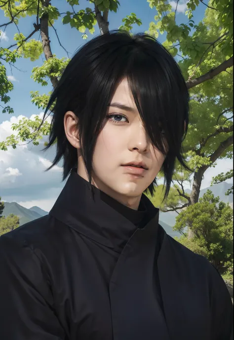 real life adaption of this character,his name is sasuke uchiha from anime naruto ,hyper realistic,detail realistic hairstyle ,(1...