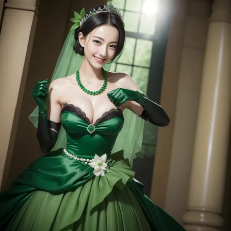 Boyish very short black hair, lipsticks, Japan woman smiling, Green Long Grove,　Emerald Tia boyish very short black hair, lipsticks, Japan woman smiling, Satin green long gloves,　emerald tiara, Pearl Necklace, verd s eyes, Green eyes, Long green gloves mad...