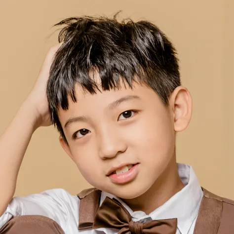 Alafeld boy posing for photo wearing bow tie and vest, boy has short black hair, detailed face of a asian boy, Young boy, young cute wan asian face, boy with neutral face, head and shoulders photography, young lovely Korean faces, well-groomed model, young...