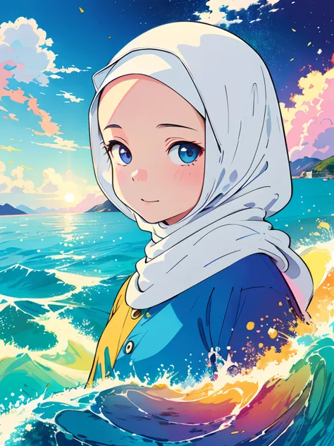 Making of Illustration Poster, Flat illustration, Colorful, Highly saturated, Contour light, warm and bright, Colorful, HD 8K, colored light particles, Heterochromatic, Female child, Upper body, Clear face, hijab,By the sea, Blue sky, white clouds, (Color:...