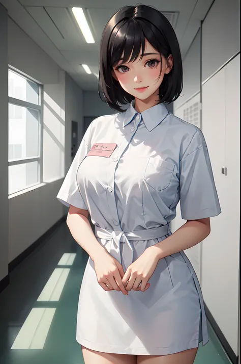 Indoor Hospital Corridor, 1 Female Soloner, /(Black short hair/), /(Simple uniform/), blush gentle smile, (masterpiece best quality:1.3) Delicate illustrations ultra-detailed high resolution, Large breasts