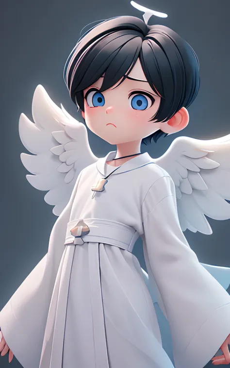 Pixar, 1 boy, Angelic appearance, (Short-haired black hair:1.5), Eyes are blue, Yancha Face, (With keen eyes:1.5), (Bad eyes:1.5), A very surprised face, Bad character, (Little white angel wings:1.5), Wearing a cross necklace, Angelic white robes, 独奏, Bang...