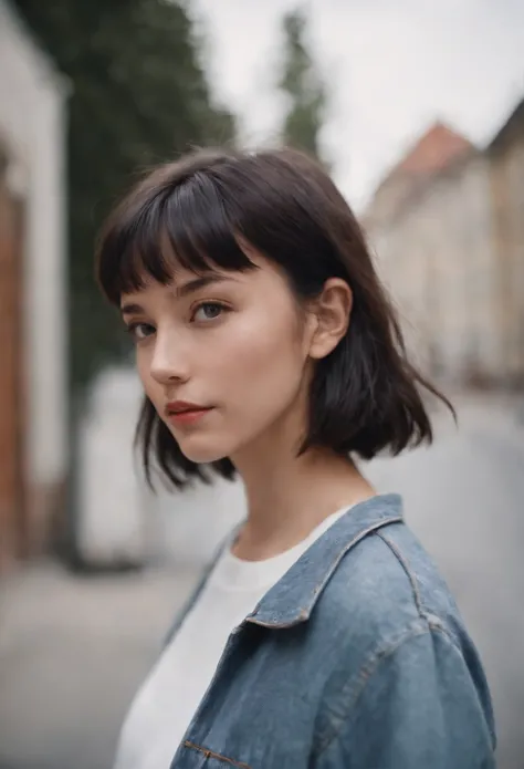 a young woman with Short black hair with flat bangs standing outside, in the style of cool,White sports  and baggy jeans, zeiss planar t* 80mm f/2.8, kodak portra, uhd image, sovietwave, distinct facial features,