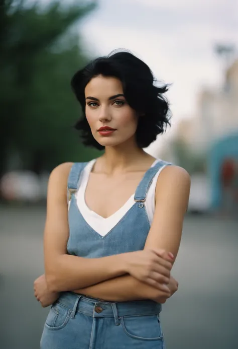 a young woman with Short black hair standing outside, in the style of cool,White vest, baggy denim pants, zeiss planar t* 80mm f/2.8, kodak portra, uhd image, sovietwave, distinct facial features,