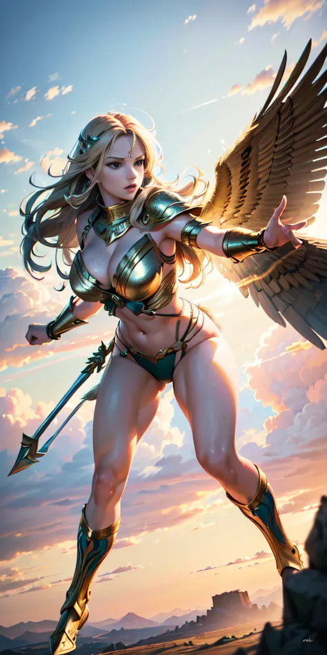 (best quality,highres,masterpiece:1.2),ultra-detailed,(realistic,photorealistic,photo-realistic:1.37),Valkyrie illustration,mythological,warrior woman,fierce expression,powerful stance,flowing golden hair,intricate armor,detailed wings,flying in mid-air,ba...