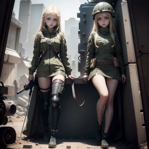 Two Ukrainian girls riding in a tank , Ukrainian anime girls , , Ukraine ,  Full body composition of young girl with messy bright blonde hair, eye make up, 13 year old,  Soft lighting, Solo, Old torn dirty shabby futuristic military uniform, badges, Pose, ...