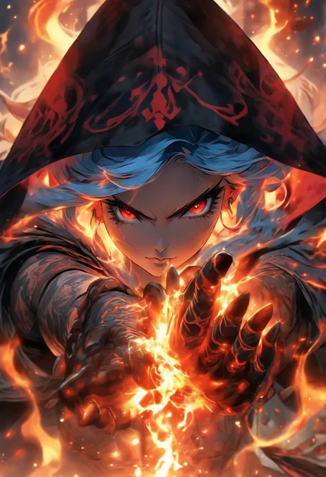 The most beautiful and sexy demon sorceress, long blue hair, red eyes, wearing a hooded cloak and highly detailed battle armor, tattoos and piercings, casting a powerful and destructive magic spell, perfect masterpiece, high quality, high resolution