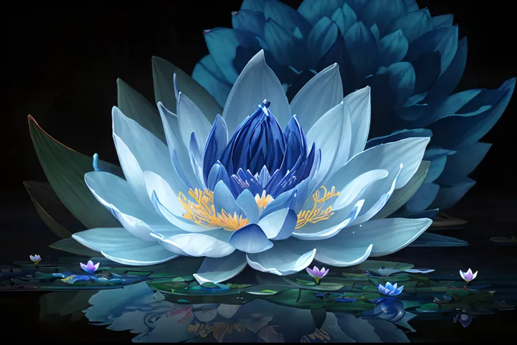 close up of flowers with blue and white petals, emerging from blue fire, lotus flower, glowing delicate flower, with lotus flowe...