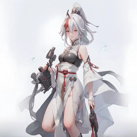 an alone girl with long red color slice gray hair , eye sleep, on the bed, inside china room style, china city , night time, High detail mature face, 2 short mechanic horn , iron mask, bare leg, bare shoulder, white china dress, white glove, black boot, hi...