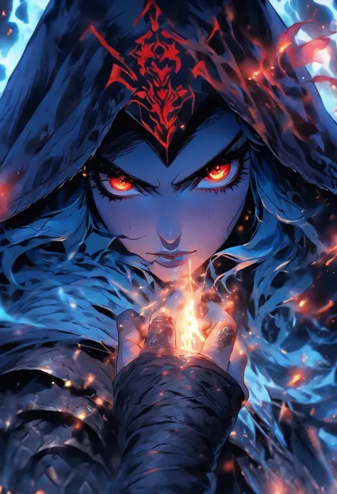 The most beautiful and sexy demon sorceress, long blue hair, red eyes, wearing a hooded cloak and highly detailed battle armor, tattoos and piercings, casting a powerful and destructive magic spell, perfect masterpiece, high quality, high resolution