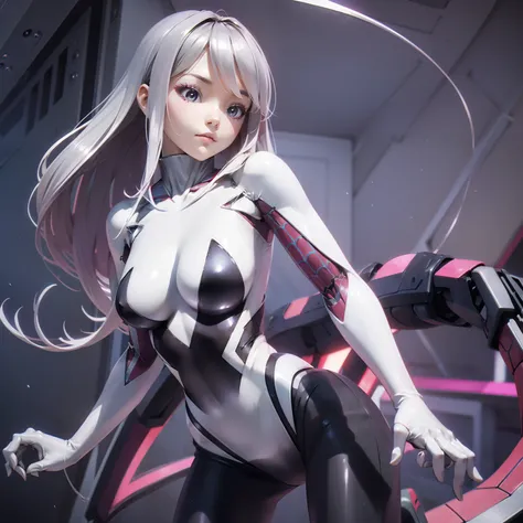 3D Animation　Anime style　spider girl　ironman　Suit color:Silver&Red　mechanical4-arm　18-year-old beauty　爆乳