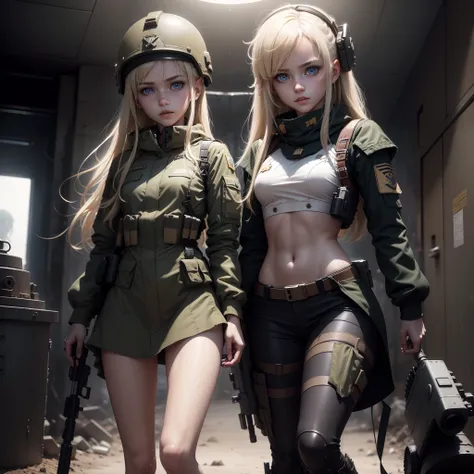 Two Ukrainian girls riding in a tank , Ukrainian anime girls , , Ukraine ,  Full body composition of young girl with messy bright blonde hair, eye make up, 13 year old,  Soft lighting, Solo, Old torn dirty shabby futuristic military uniform, badges, Pose, ...