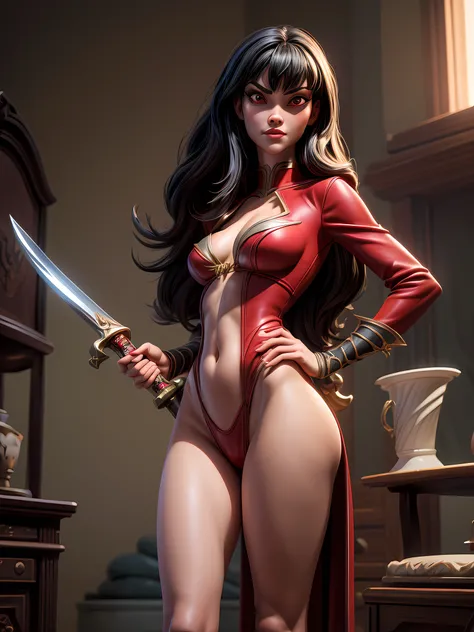 a 3D pixar animation style  model shot of a Vampirella, a exquisite beautiful Vampirella (masterpiece, extremely detailed, best quality) wearing red suit  (masterpiece, extremely detailed, best quality), armed with long sword, white skin, black hair, long ...