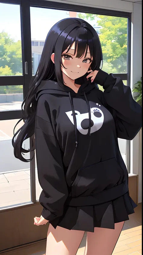 (masutepiece, Best Quality:1.2), (Looking at Viewer), (Wavy Hair:0.8),
1girl in, (Upper body:0.85), (Black theme:1.2), {Indoors|Outdoors}, Dark eyes, Dark hair, 
{Medium hair}, Larger hoodie, (tight miniskirt:1.2),
({Happy face|peaceful face|Shy face|Curio...