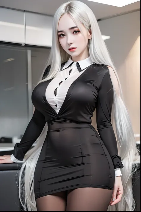 (8k, RAW photos, top quality, masterpiece: 1.2), (realistic, photorealistic: 1.37), (High Quality), (Ultra realistic), (High Details), (Face detail), (Shadow Detail), ((Gigantic huge breasts: 1.5)), solo, 1 girl, white hair, black and white shirt, black sh...