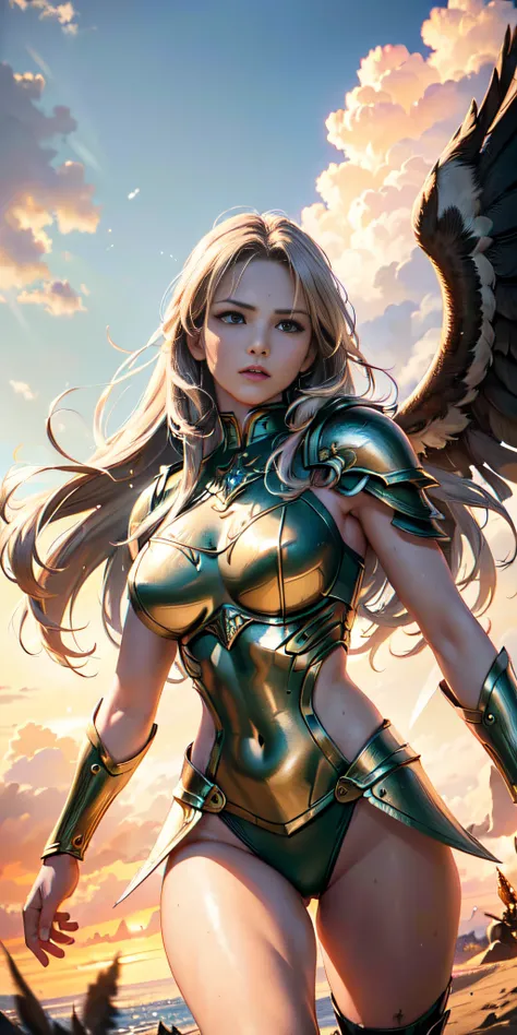 (best quality,highres,masterpiece:1.2),ultra-detailed,(realistic,photorealistic,photo-realistic:1.37),Valkyrie illustration,mythological,warrior woman,fierce expression,powerful stance,flowing golden hair,intricate armor,detailed wings,flying in mid-air,ba...