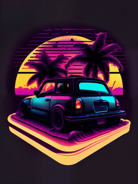 un mini Cooper frente a la puesta de sol, Estilo vaporwave, Neon style, soft lines, Arte de pegatina vectorial, Vector kernel, Detalles intrincados, Black T-shirt design, 8k