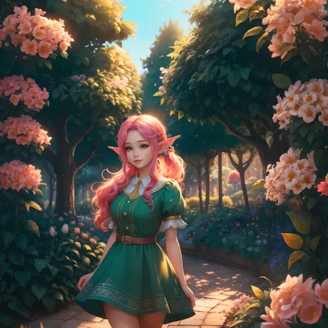 (Best quality, High-res, Ultra-detailed, Extremely detailed:1.2), 4K, 8K, Girl, Long hair, Beautiful, gentle, Lively, dress, pony tails, Vibrant atmosphere, ears of elf, Playful expression, Fantastic core, illustratio (illustration), Vivid colors, Soft lig...