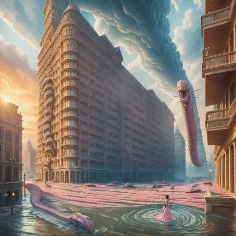 ((bestquality)), ((masterpiece)), ((Realistic)), wide shot, bara, daylight, At eye level, stunning, masterpiece :0.5 (Very detailed: 1.3), full entire body, 10 ,pink dress, broken, Serpent, Serpent, Women , Girls Destroy the City, flood, Building collapse,...