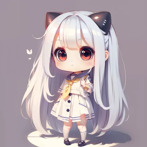 ​masterpiece、detaileds、Soft lighting、a sailor suit、hi-school girl、Goth cat girl with long white hair、Red-eyed chibi、white backgrounid、simple background、