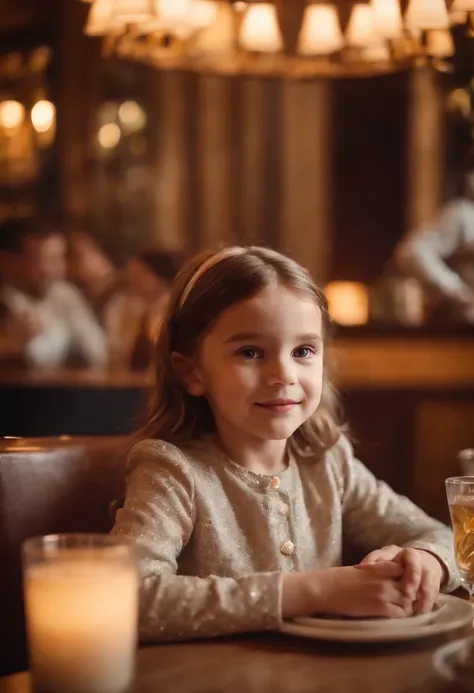 happy little girl in retro restaurant, back lighting, medium shot, high quality photo.