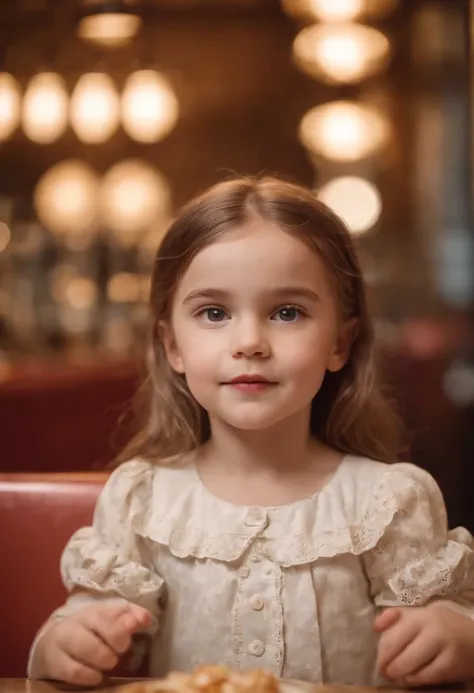 happy little girl in retro restaurant, back lighting, medium shot, high quality photo.