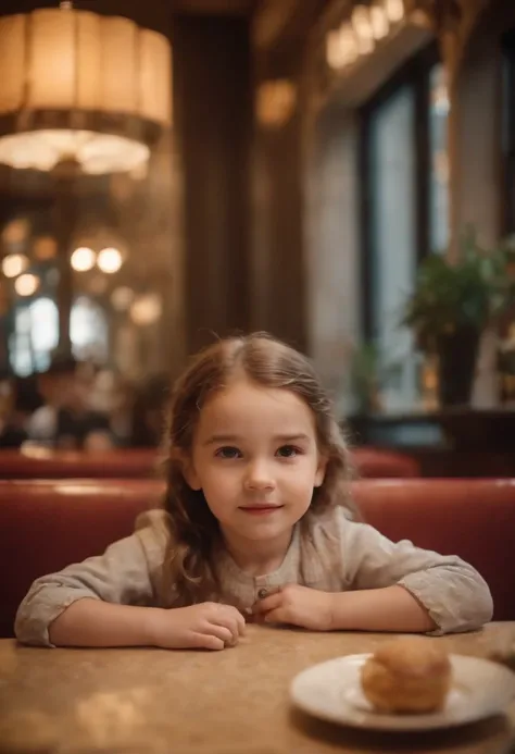 happy little girl in retro restaurant, back lighting, medium shot, high quality photo.