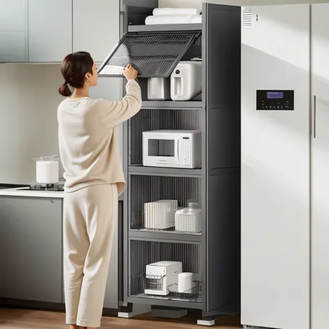 Woman in nightdress opens cupboard with microwave and microwave, cabinets, 4l, - h 8 5 0 - w 6 0 0, shelf, cabinet furniture, 超高分辨率, refrigerator, large tall, 8k --height 768, with accurate features, product introduction photos, SleekDesign, arte mista, de...