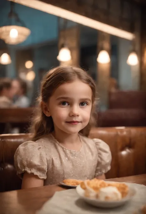 happy little girl in retro restaurant, back lighting, medium shot, high quality photo.