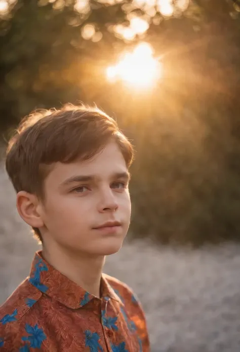 a boy with a bright shirt looking at the sun, in the style of psychedelic portraiture, light navy and light amber, stockphoto, cut/ripped, distinct facial features, glimmering light effects, bauhaus