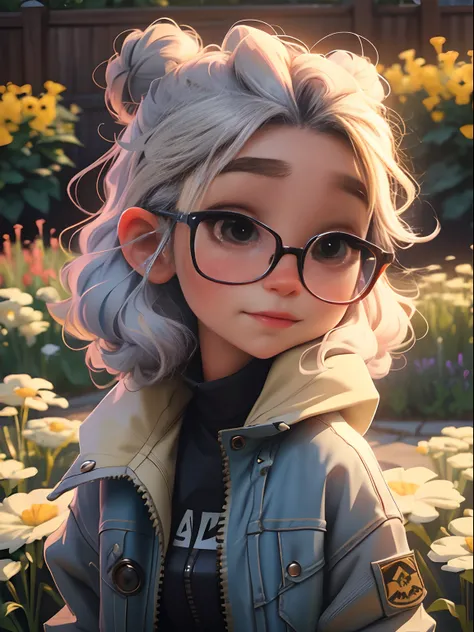 Loli Girl, a baby face, beautiful lovely, bun hairstyle, Light-colored hair，Wear glasses，Wear a dark jacket, chibiStyle, Perfect detail for the eye, delicated face, CG perfeita, High-definition image quality, Beautiful garden，In the daytime，Bright rainbow-...