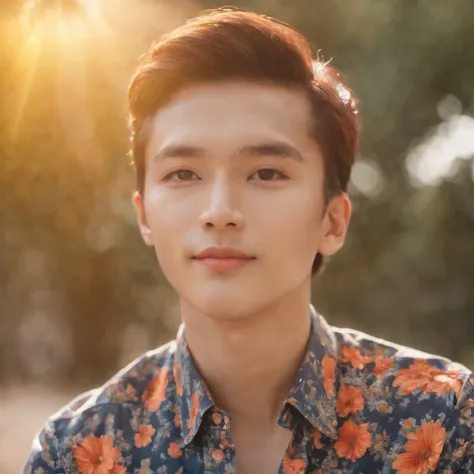 a boy with a bright shirt looking at the sun, in the style of psychedelic portraiture, light navy and light amber, stockphoto, cut/ripped, distinct facial features, glimmering light effects, bauhaus，fresh flowers，𝓡𝓸𝓶𝓪𝓷𝓽𝓲𝓬，rays of sunshine，Kaixing，grin