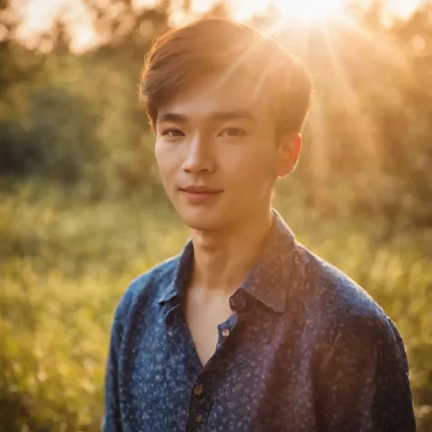 a boy with a bright shirt looking at the sun, in the style of psychedelic portraiture, light navy and light amber, stockphoto, cut/ripped, distinct facial features, glimmering light effects, bauhaus，fresh flowers，𝓡𝓸𝓶𝓪𝓷𝓽𝓲𝓬，rays of sunshine，Kaixing，grin