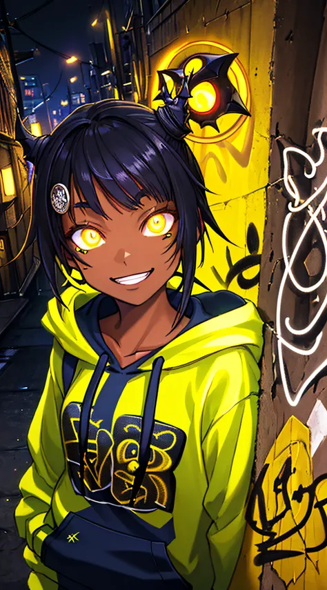 detailed background, masterpiece, best quality, smile, ornament, hoodie, portrait, yellow neon, graffiti, dark, night, glowing eyes, blacklight