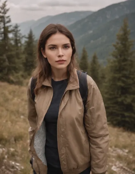 young woman dressed in 80s fashion, hiking, cloudy day, half length shot, high quality photo.