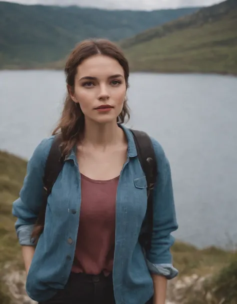 young woman dressed in 80s fashion, hiking, cloudy day, half length shot, high quality photo.