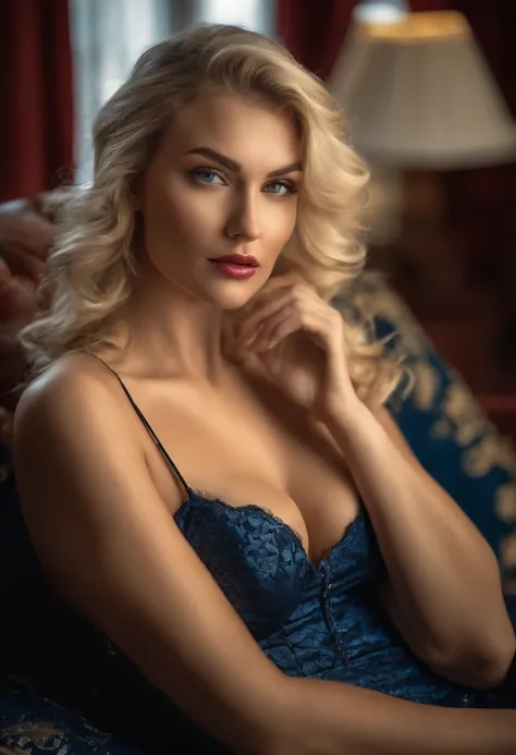 RAW, Nikon z 85mm,Award Winning Glamour Photograph extremely detailed award winning glamour photograph, front lit, HDR. Beautiful Ukrainian woman on the sofa, pin up style bra, blond hair, blue eyes, ((high detailed skin, skin details)), perky, sharp focus...