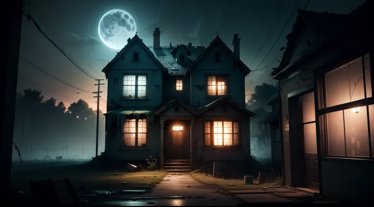 abandoned house seen from the street,night,photorealistic:1.37,highres,HDR,dilated windows,vines crawling up the walls,eerie atmosphere,dark shadows,unsettling silence,vibrant moonlight,crumbling facade,weathered bricks,overgrown weeds,haunting presence,lo...