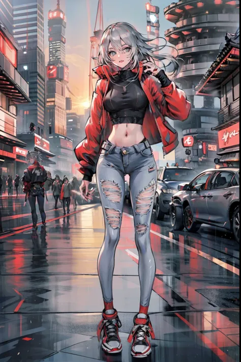 girl, long gray hair, red lips, green eyes, full body, standing with red jacket black croptop, blue ripped skinny jeans pants, converse shoes, tick body, japan city sunrise, crowded city backgrund