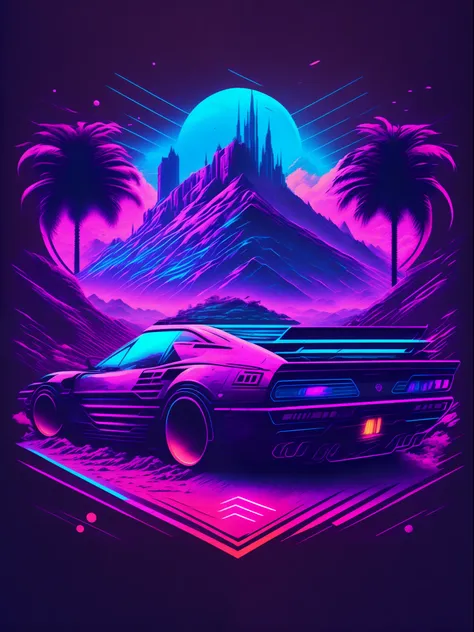 "the car, cyberpunk environment, stylized t-shirt design, mid-journey, vibrant vector art"