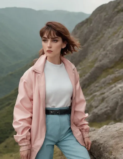 young woman dressed in 80s fashion, hiking, cloudy day, half length shot, high quality photo.