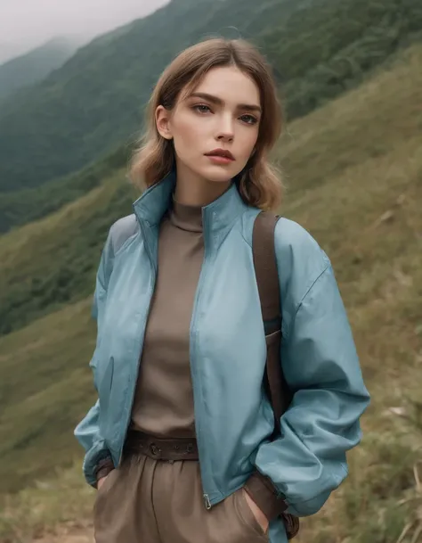 young woman dressed in 80s fashion, hiking, cloudy day, half length shot, high quality photo.